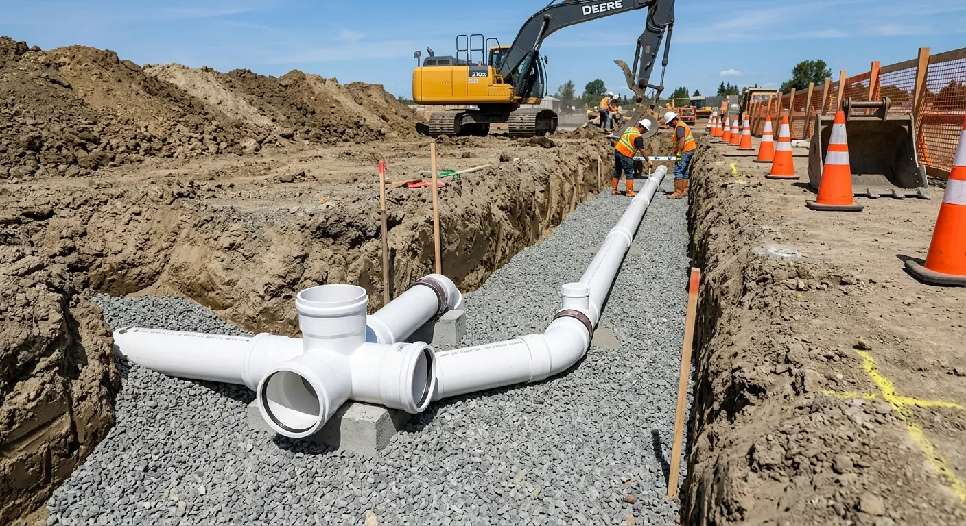 New PVC sewer pipe installation in open trench for Commercial Drain Cleaning in South St. Paul