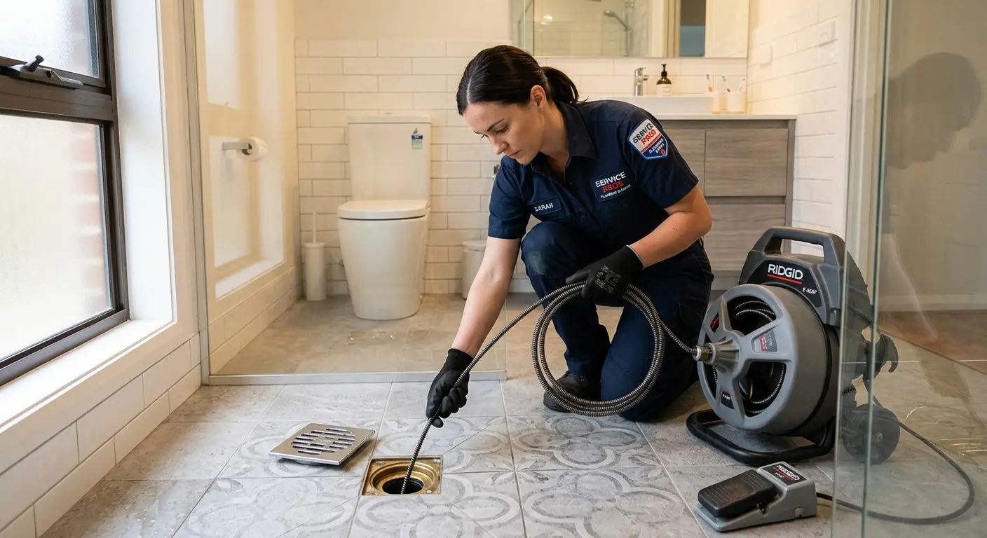 Technician clearing a bathroom floor drain for Clogged Drain Repair in South St. Paul